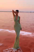 Women's Glitter Halter Neck Fitted Maxi Dress | Sparkling Evening Party Gown for Formal Occasions and Special Events
