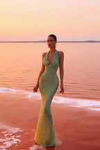 Women's Glitter Halter Neck Fitted Maxi Dress | Sparkling Evening Party Gown for Formal Occasions and Special Events