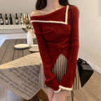 Women's Red Off-Shoulder Knit Sweater – Slim Fit Gothic Y2K Style