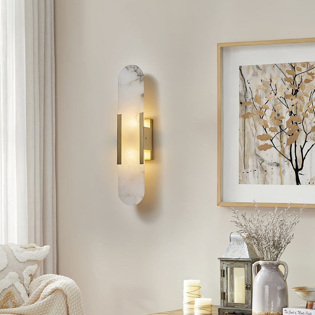 Wall Lamp Alabaster Metal | Modern Svelte Design | Natural Stone Veining for Warm Ambient Interior Lighting Effects and Decor