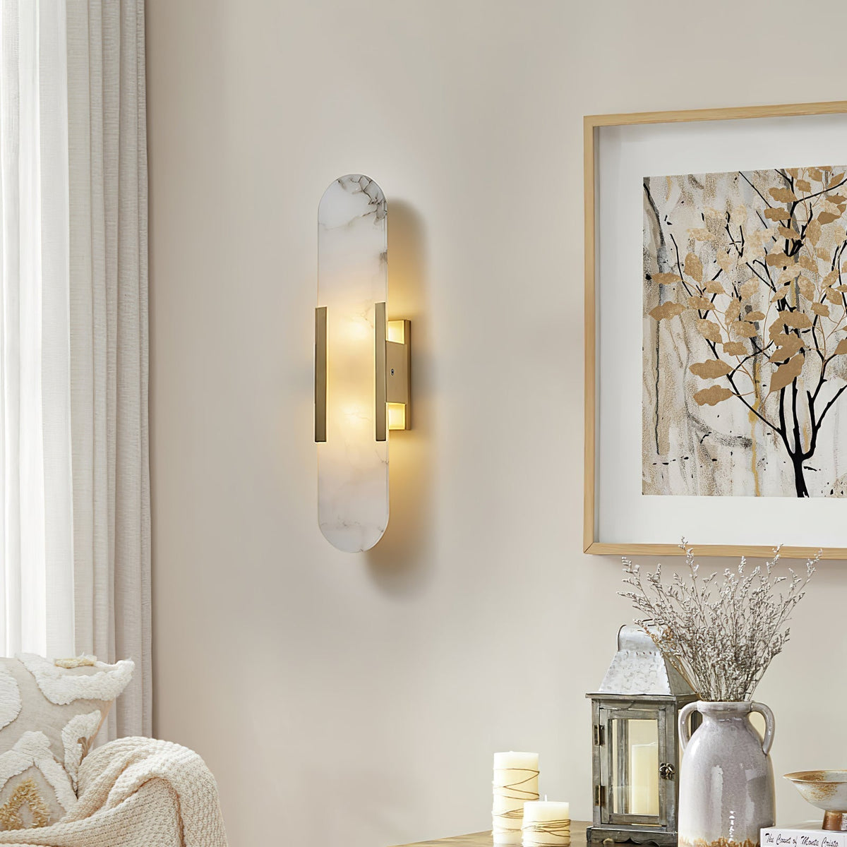 Wall Lamp Alabaster Metal | Modern Svelte Design | Natural Stone Veining for Warm Ambient Interior Lighting Effects and Decor