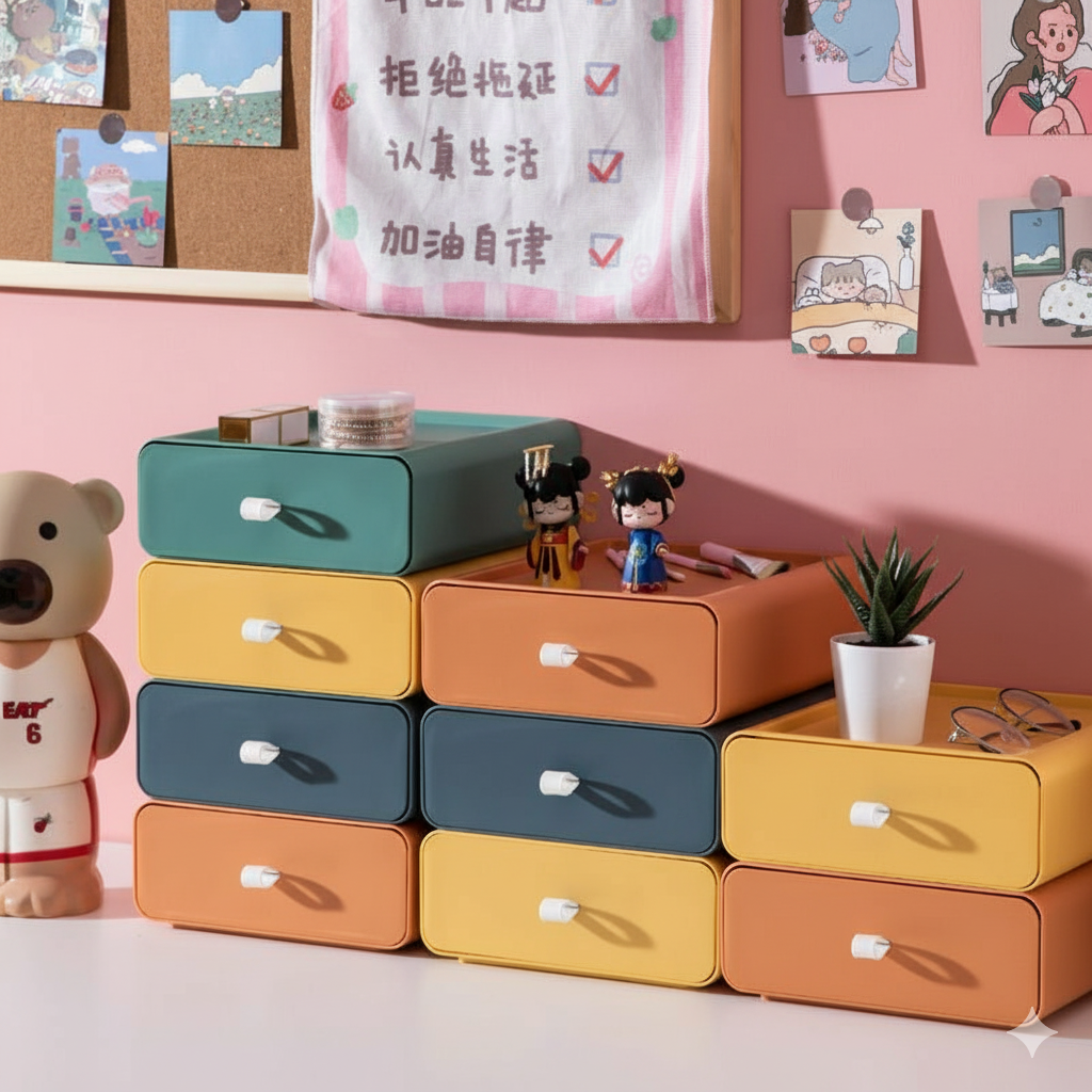 Stackable Storage Boxes Plastic | Modular Desktop Organizer for Office and Bathroom | Space-Saving Home Organization Solution