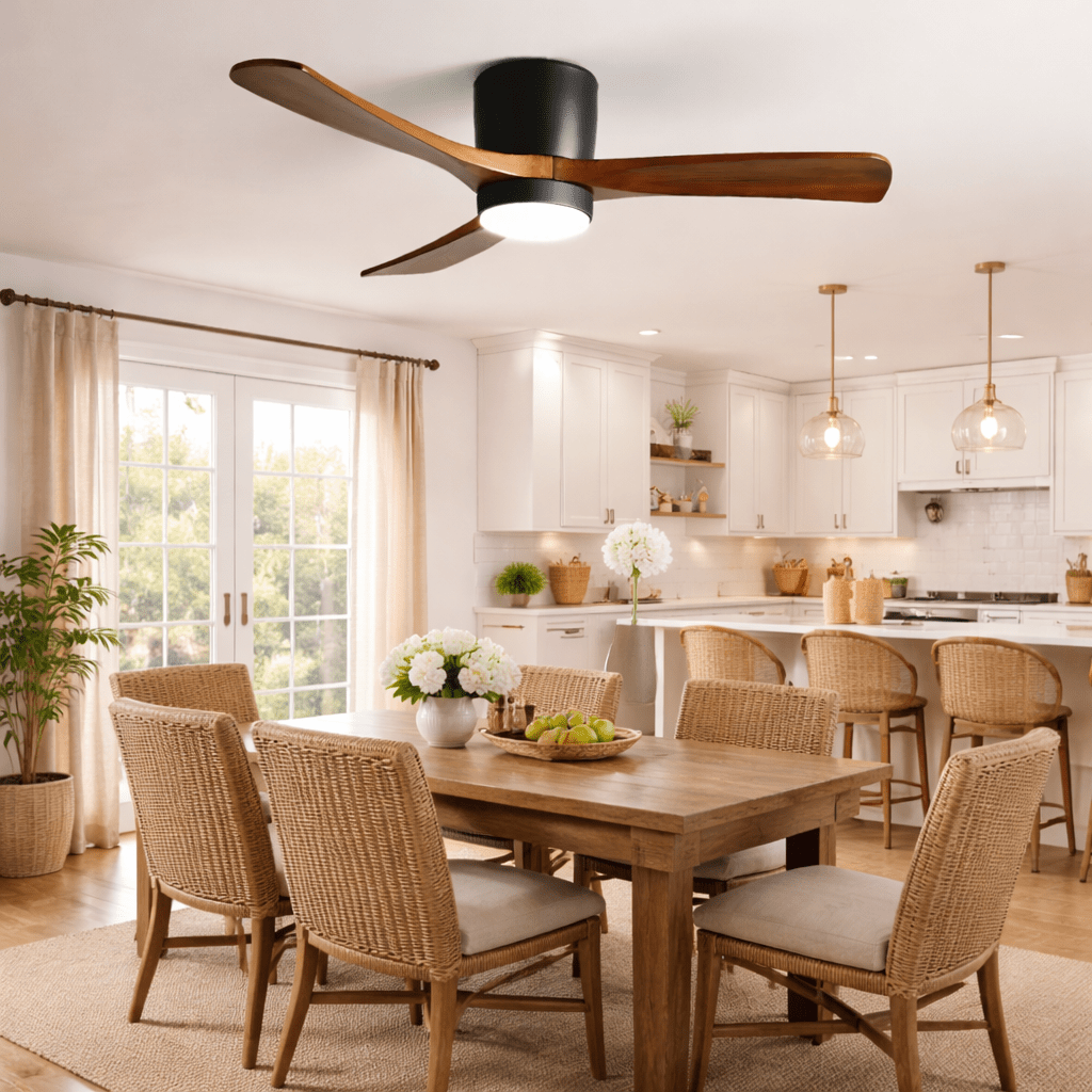 Ceiling Fan with Light Sycamore Wood Blades | Silent 6-Speed DC Motor | Flush Mount Nordic Design for Home Interiors