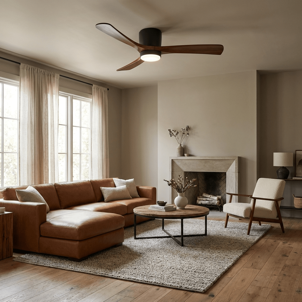 Ceiling Fan with Light Sycamore Wood Blades | Silent 6-Speed DC Motor | Flush Mount Nordic Design for Home Interiors