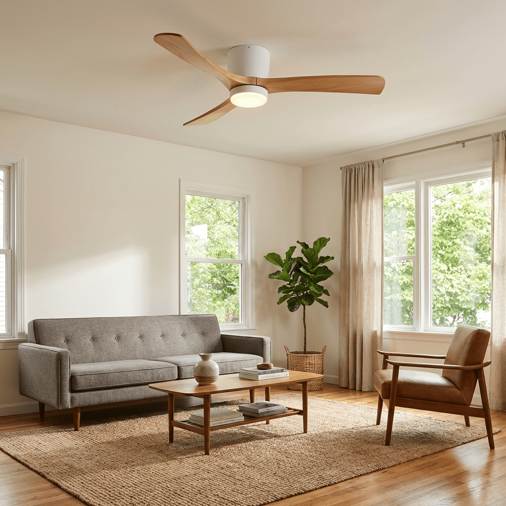 Ceiling Fan with Light Sycamore Wood Blades | Silent 6-Speed DC Motor | Flush Mount Nordic Design for Home Interiors