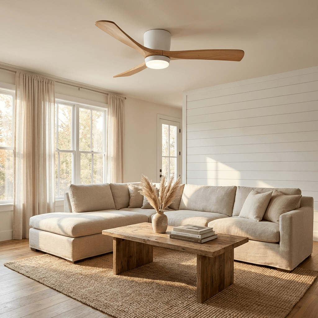 Ceiling Fan with Light Sycamore Wood Blades | Silent 6-Speed DC Motor | Flush Mount Nordic Design for Home Interiors