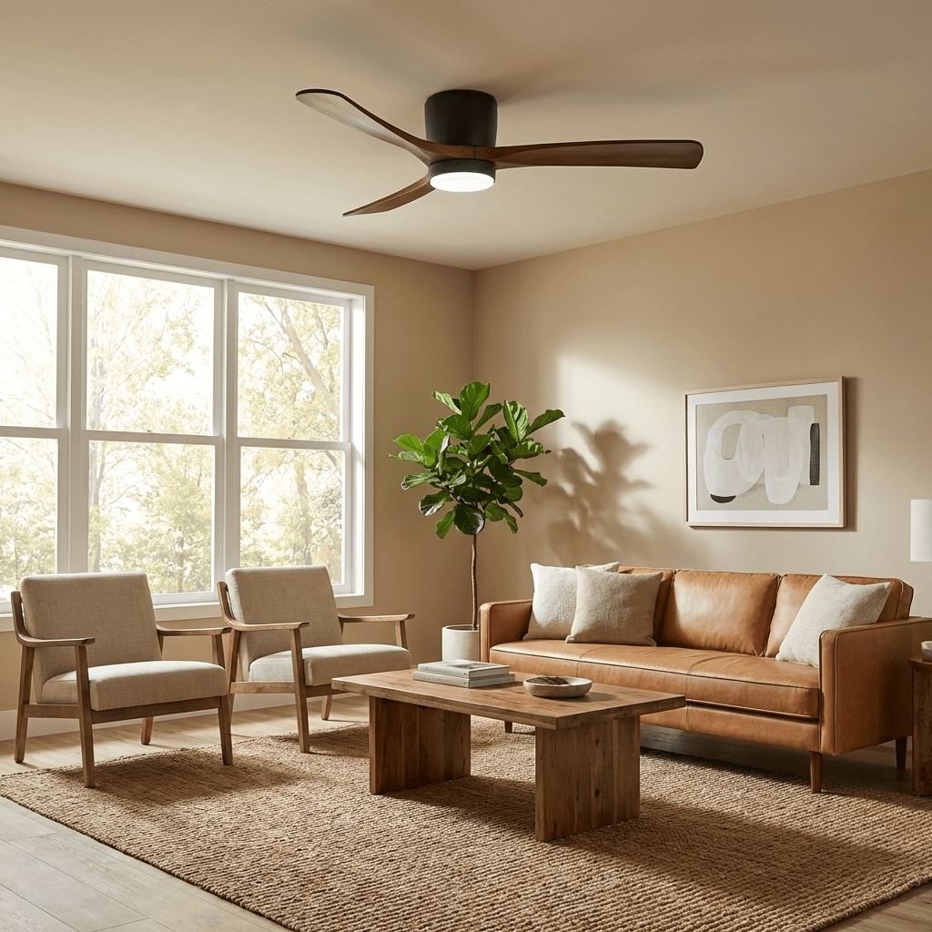 Ceiling Fan with Light Sycamore Wood Blades | Silent 6-Speed DC Motor | Flush Mount Nordic Design for Home Interiors