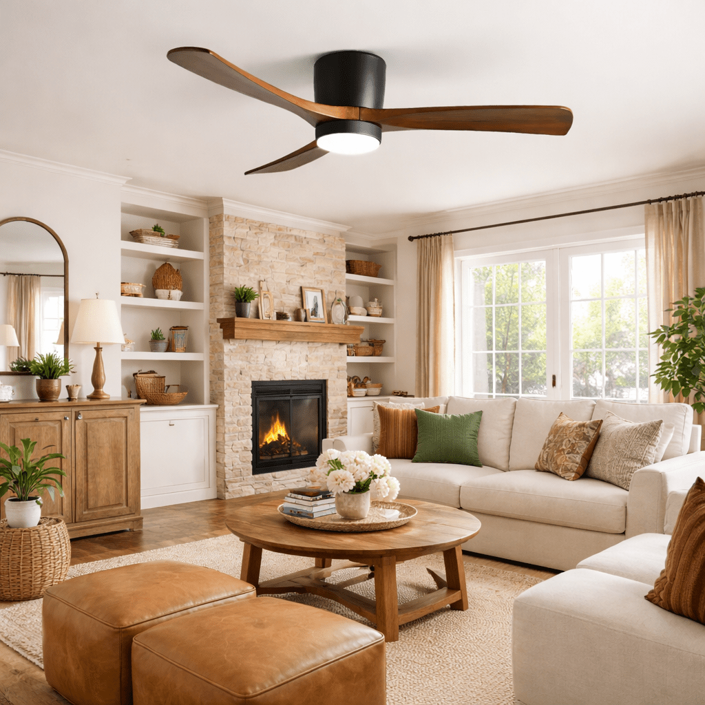 Ceiling Fan with Light Sycamore Wood Blades | Silent 6-Speed DC Motor | Flush Mount Nordic Design for Home Interiors