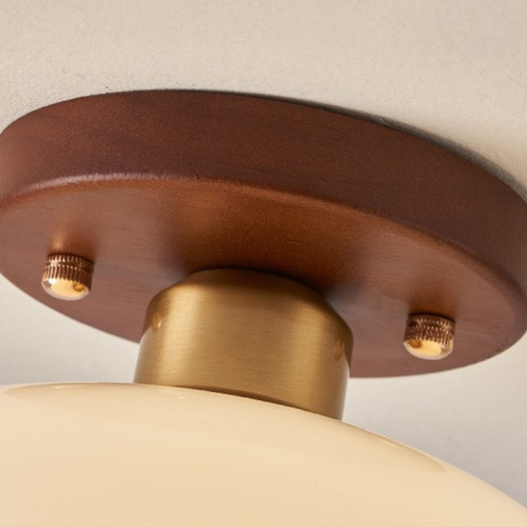 Cream Glass Ceiling Lamp – French Bauhaus Round Design With Wood Accent