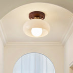 Cream Glass Ceiling Lamp – French Bauhaus Round Design With Wood Accent
