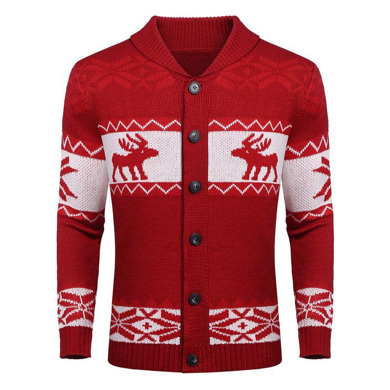 Men's Christmas Cardigan – Green Reindeer Knit Sweater with Button Front