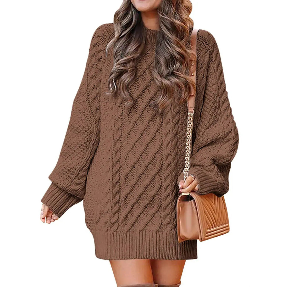 Women's Cable Knit Sweater Dress – Long Sleeve Oversized Knit Mini Dress
