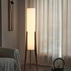 Solid Walnut Floor Lamp – Tripod Wood Base With Cylindrical Fabric Shade