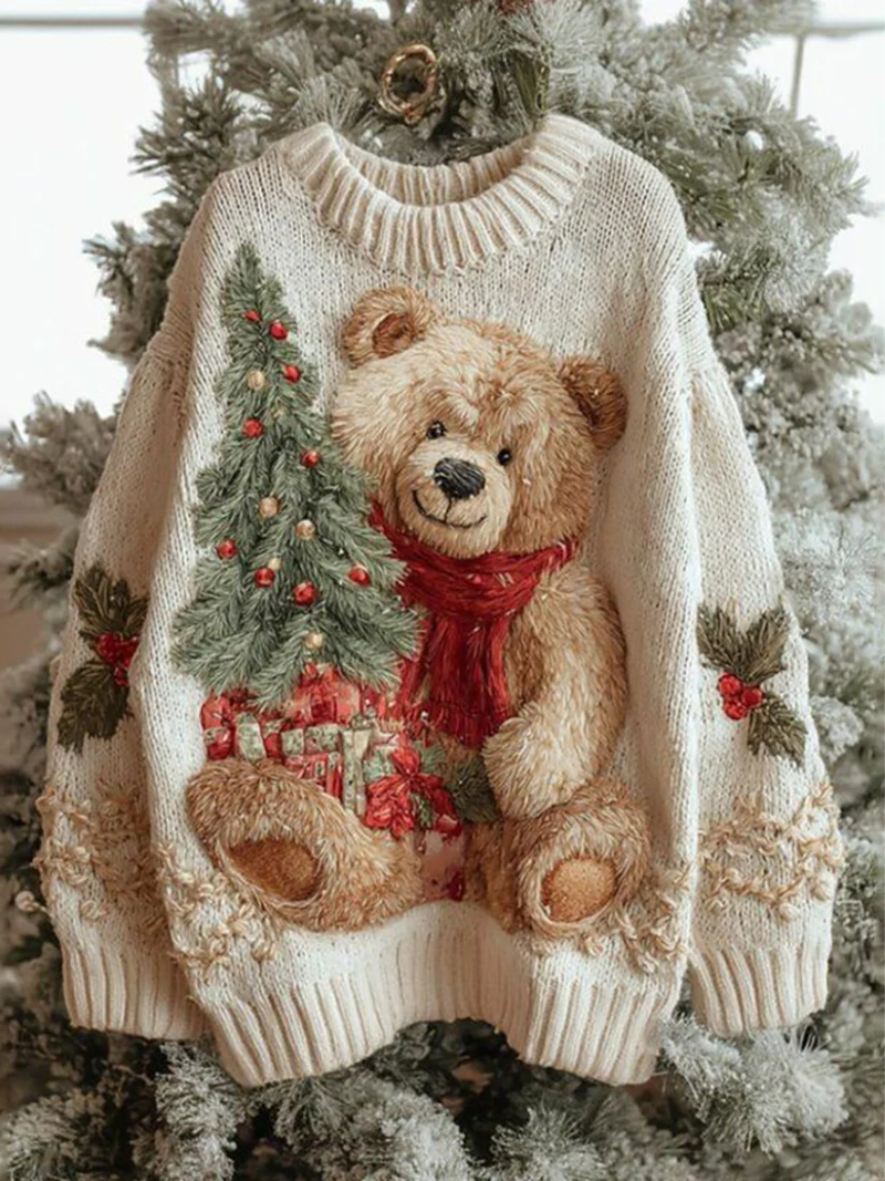 Women's Knitted Christmas Sweater with Festive Bear Motif | Warm Holiday Jumper | Plus Size Festive Winter Knitwear