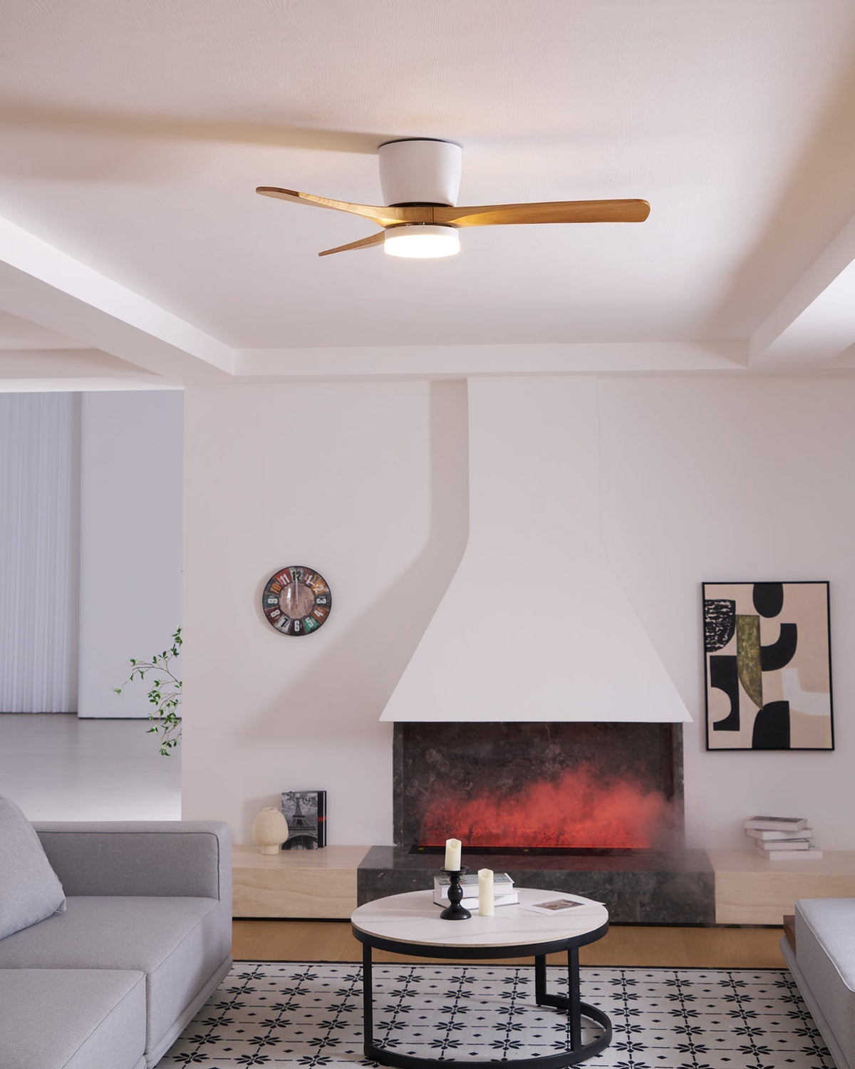 Ceiling Fan with Light Sycamore Wood Blades | Silent 6-Speed DC Motor | Flush Mount Nordic Design for Home Interiors