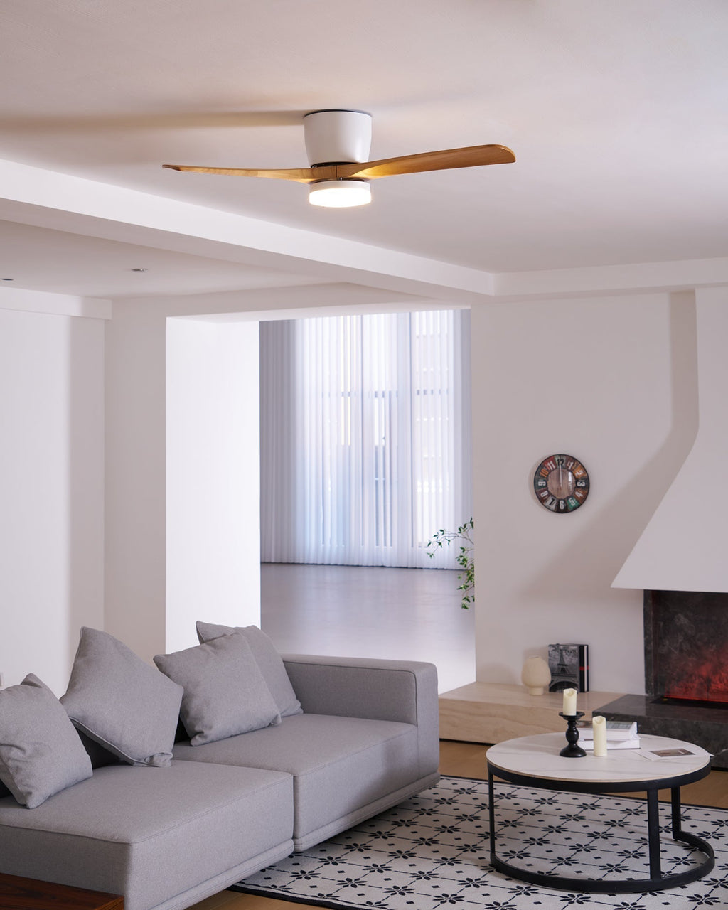 Ceiling Fan with Light Sycamore Wood Blades | Silent 6-Speed DC Motor | Flush Mount Nordic Design for Home Interiors