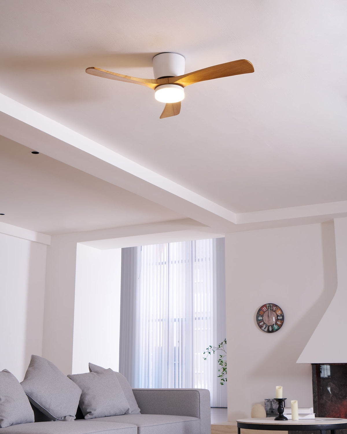 Ceiling Fan with Light Sycamore Wood Blades | Silent 6-Speed DC Motor | Flush Mount Nordic Design for Home Interiors