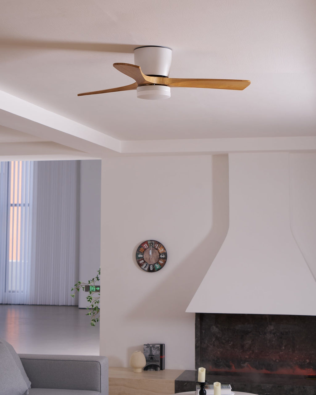 Ceiling Fan with Light Sycamore Wood Blades | Silent 6-Speed DC Motor | Flush Mount Nordic Design for Home Interiors