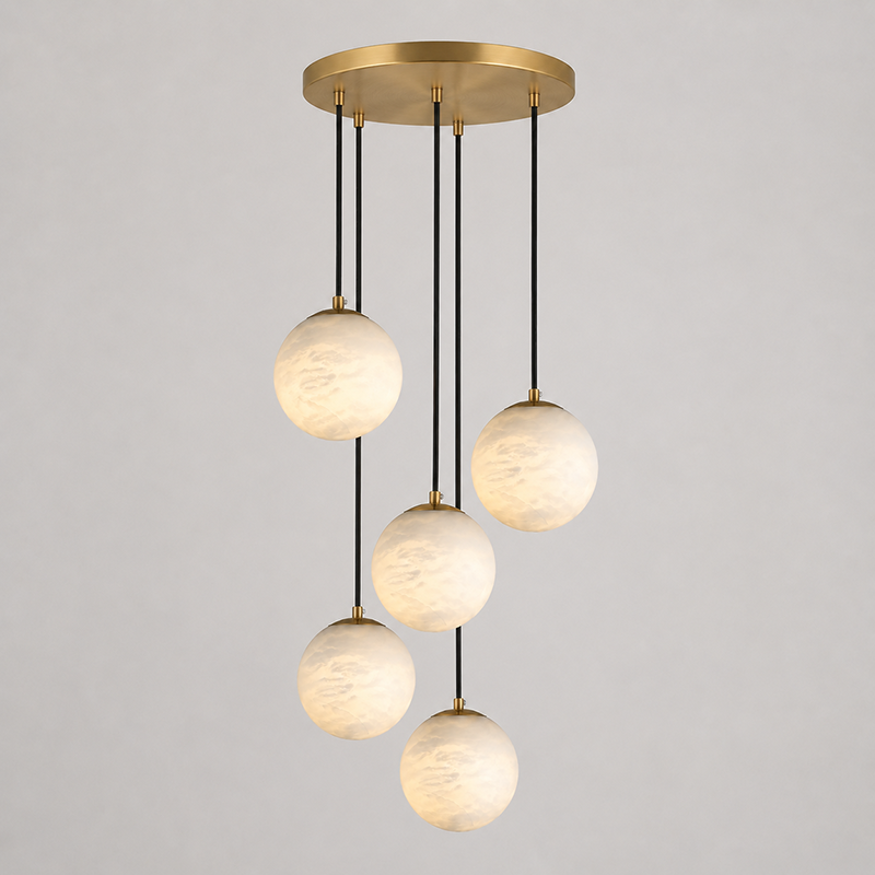 Alabaster Chandelier Brass Body G9 Base | Minimalist Sculptural Multi-Light Cascade | Ambient Interior Ceiling Lighting