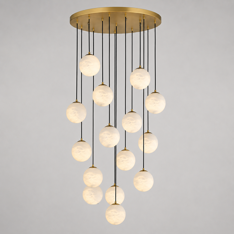 Alabaster Chandelier Brass Body G9 Base | Minimalist Sculptural Multi-Light Cascade | Ambient Interior Ceiling Lighting