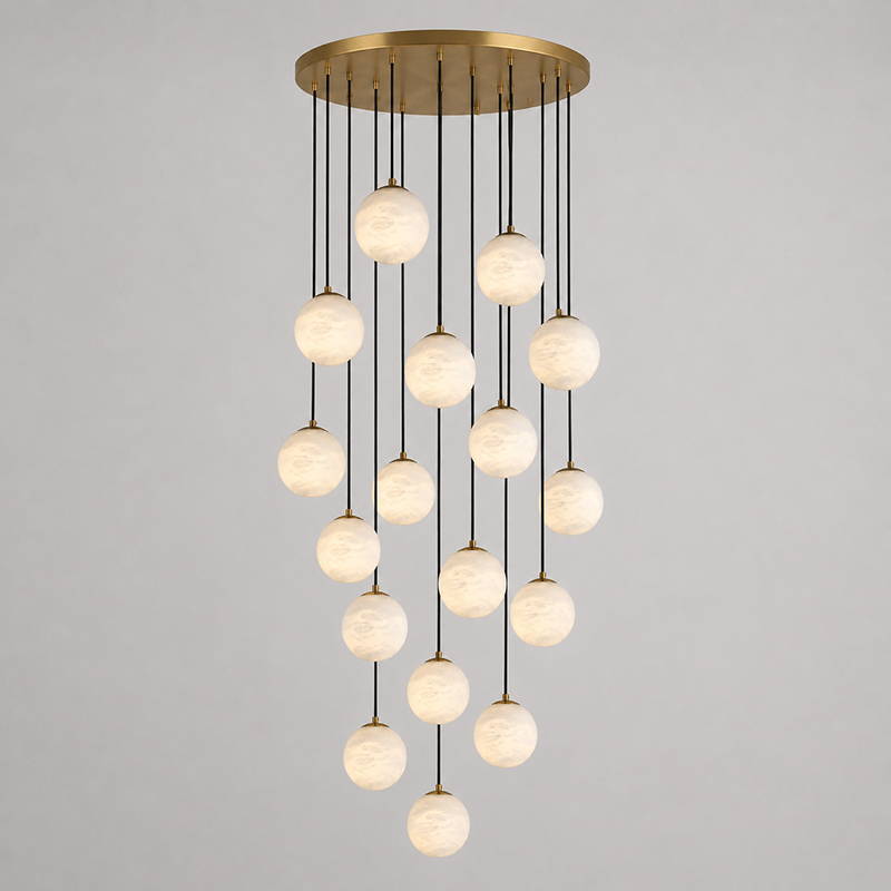 Alabaster Chandelier Brass Body G9 Base | Minimalist Sculptural Multi-Light Cascade | Ambient Interior Ceiling Lighting