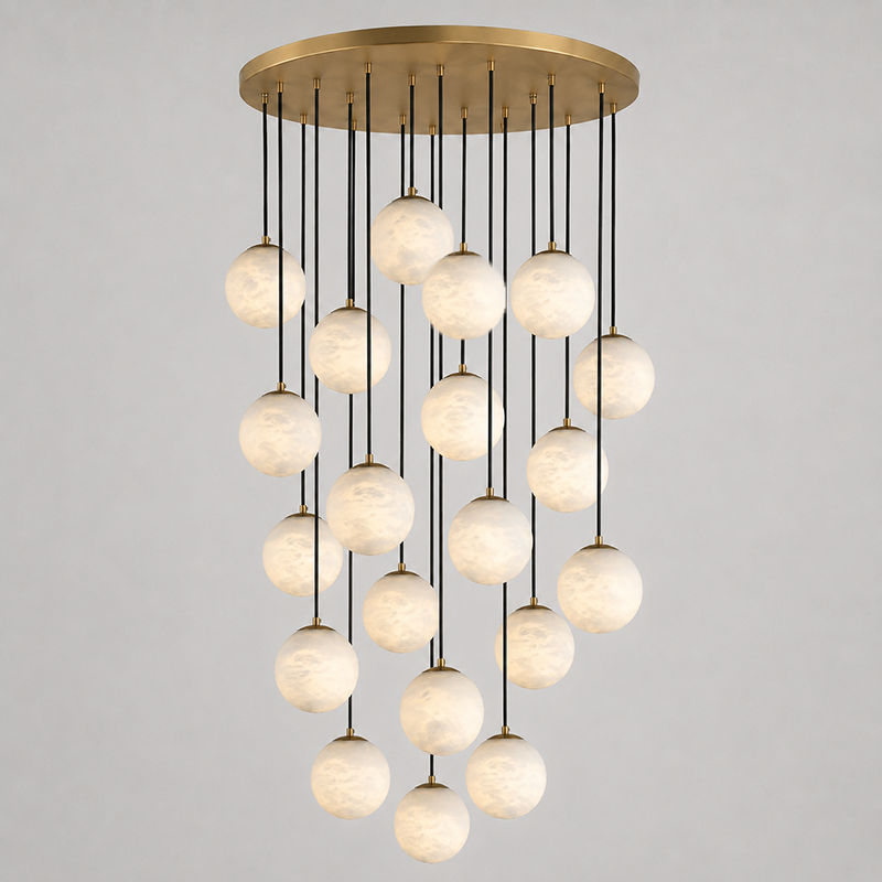 Alabaster Chandelier Brass Body G9 Base | Minimalist Sculptural Multi-Light Cascade | Ambient Interior Ceiling Lighting