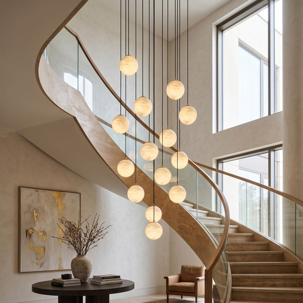 Alabaster Chandelier Brass Body G9 Base | Minimalist Sculptural Multi-Light Cascade | Ambient Interior Ceiling Lighting