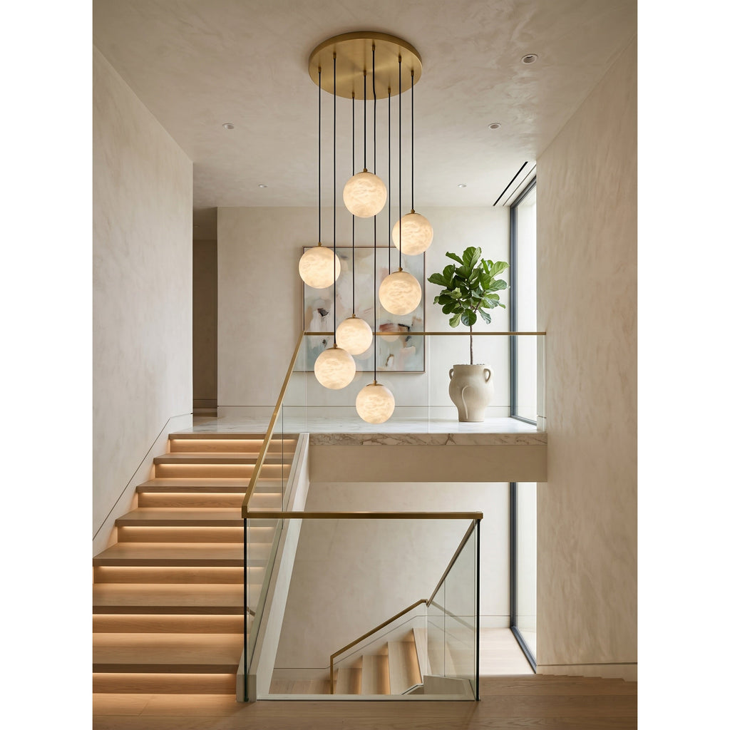 Alabaster Chandelier Brass Body G9 Base | Minimalist Sculptural Multi-Light Cascade | Ambient Interior Ceiling Lighting