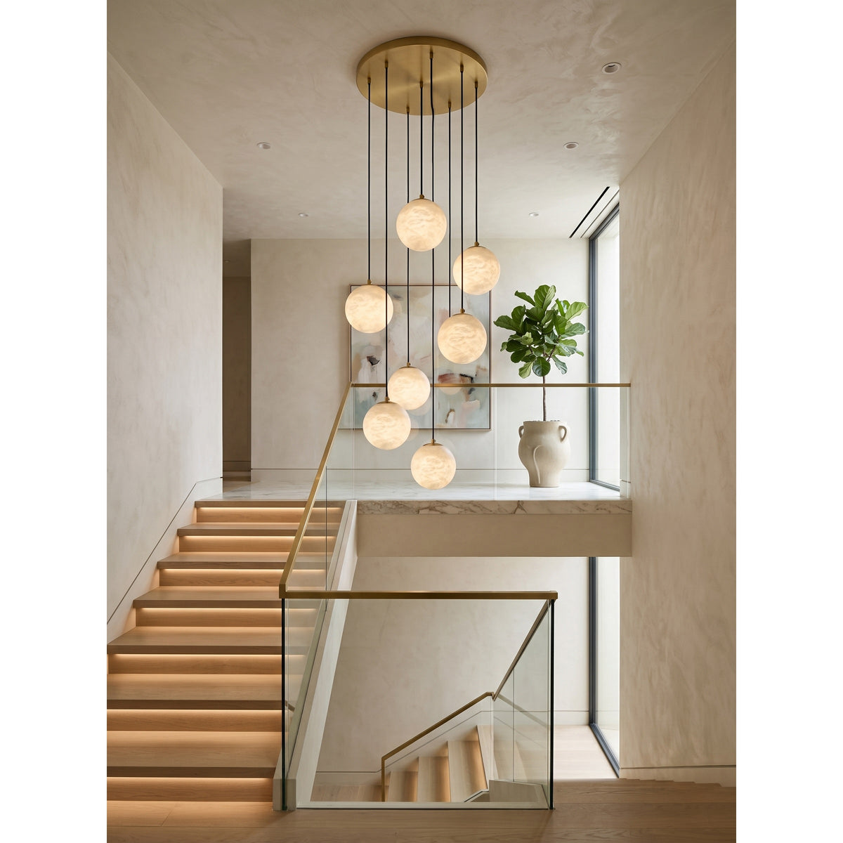 Alabaster Chandelier Brass Body G9 Base | Minimalist Sculptural Multi-Light Cascade | Ambient Interior Ceiling Lighting