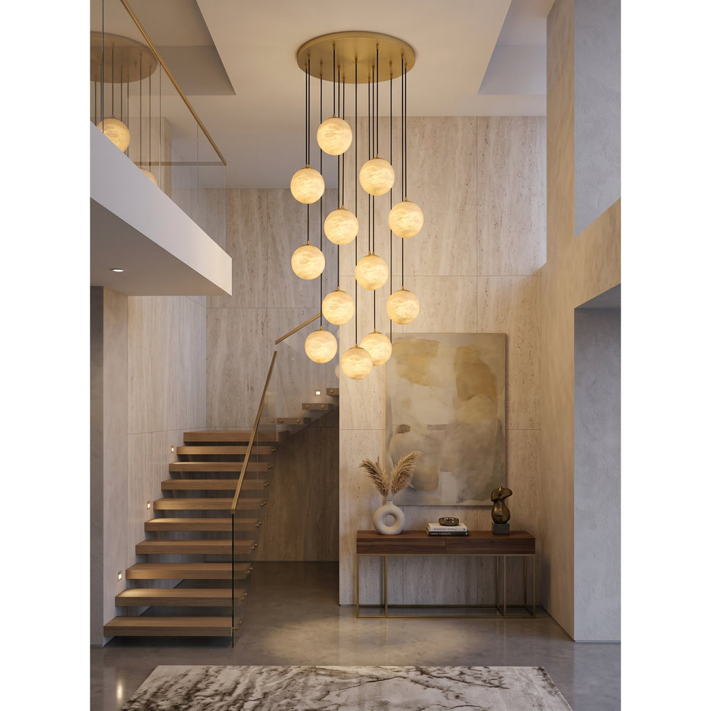 Alabaster Chandelier Brass Body G9 Base | Minimalist Sculptural Multi-Light Cascade | Ambient Interior Ceiling Lighting