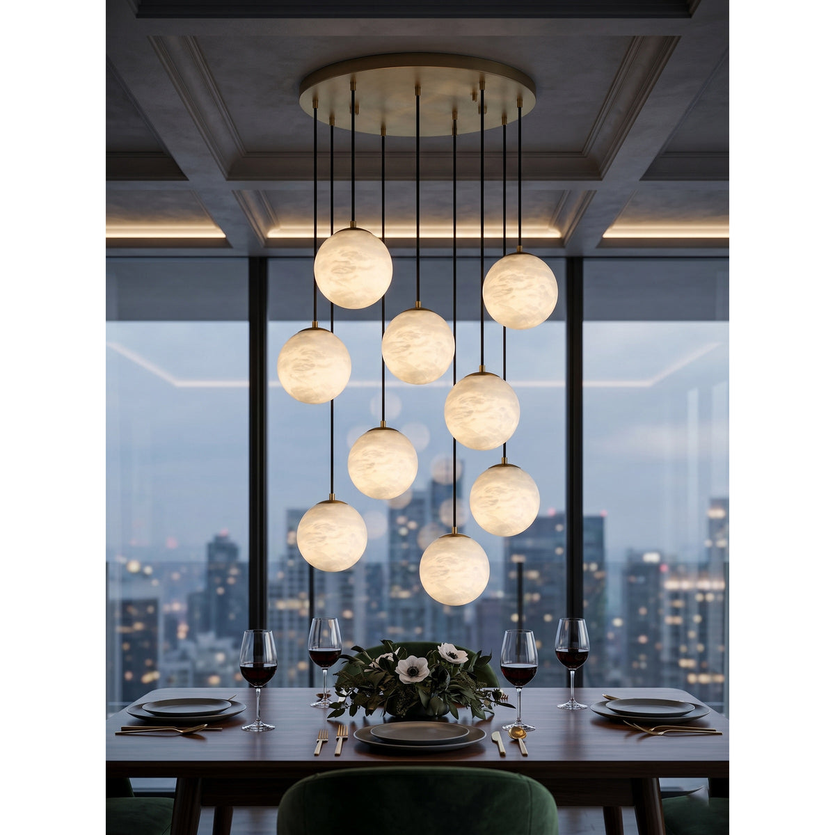Alabaster Chandelier Brass Body G9 Base | Minimalist Sculptural Multi-Light Cascade | Ambient Interior Ceiling Lighting