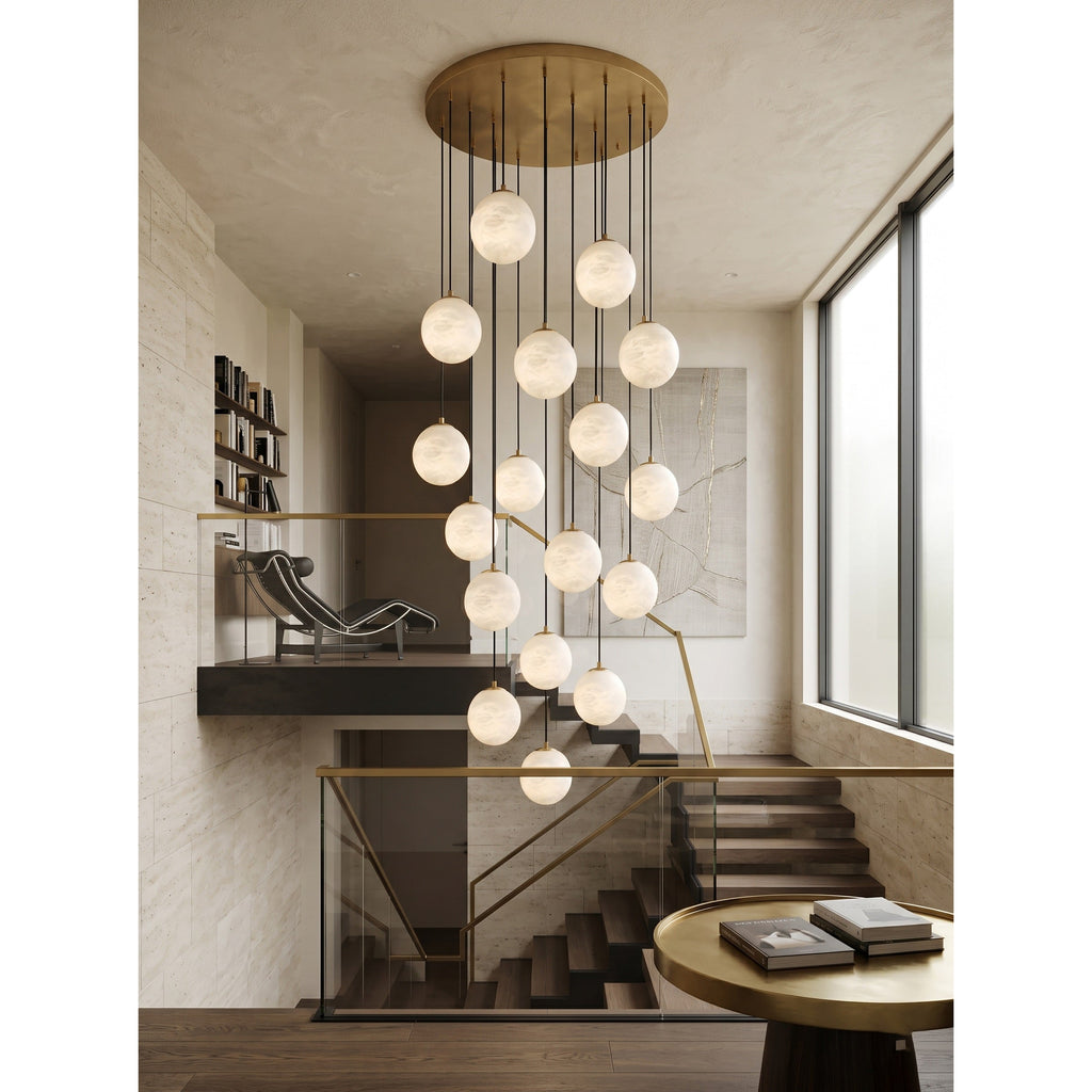 Alabaster Chandelier Brass Body G9 Base | Minimalist Sculptural Multi-Light Cascade | Ambient Interior Ceiling Lighting