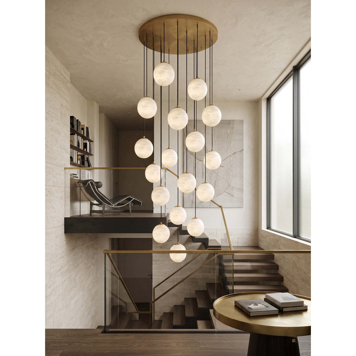 Alabaster Chandelier Brass Body G9 Base | Minimalist Sculptural Multi-Light Cascade | Ambient Interior Ceiling Lighting