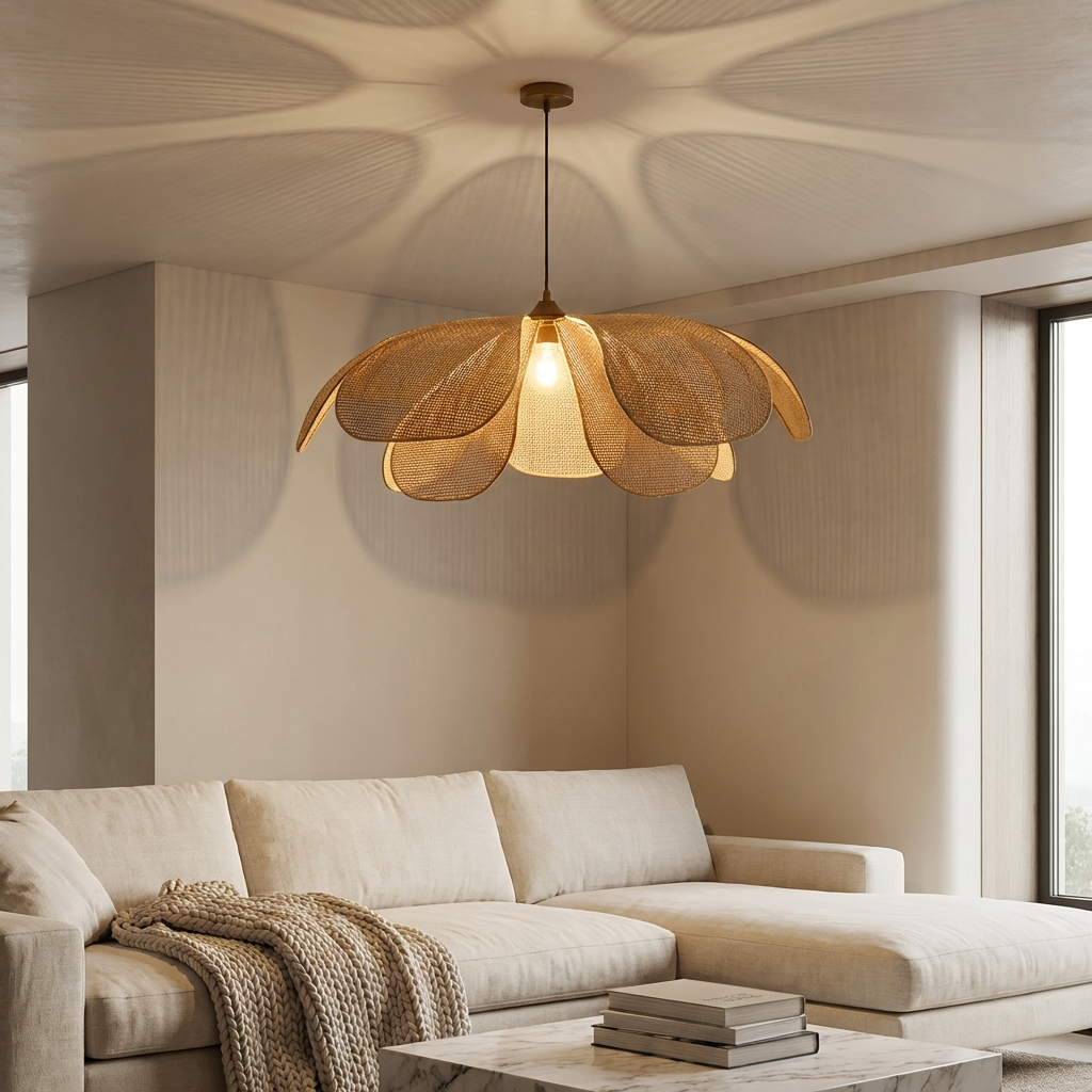 Rattan Woven Petal Pendant Lamp | Japanese Style | Petal Shape Design Creates Soft Ambient Glow for Living Rooms