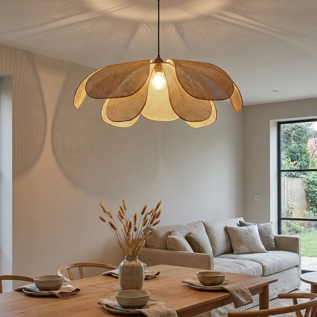 Rattan Woven Petal Pendant Lamp | Japanese Style | Petal Shape Design Creates Soft Ambient Glow for Living Rooms