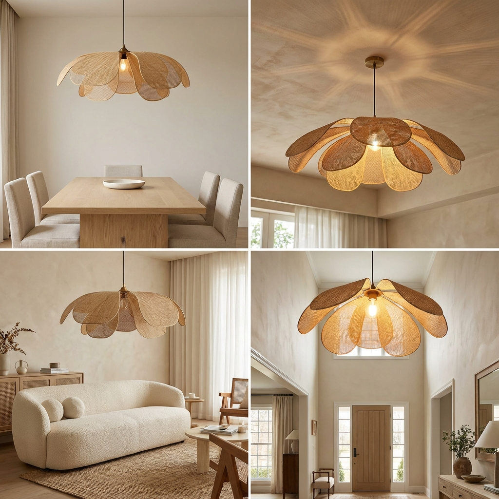 Rattan Woven Petal Pendant Lamp | Japanese Style | Petal Shape Design Creates Soft Ambient Glow for Living Rooms