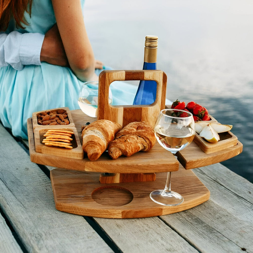 Foldable Wooden Picnic Table Portable Wine Holder Outdoor Serving Tray Stand