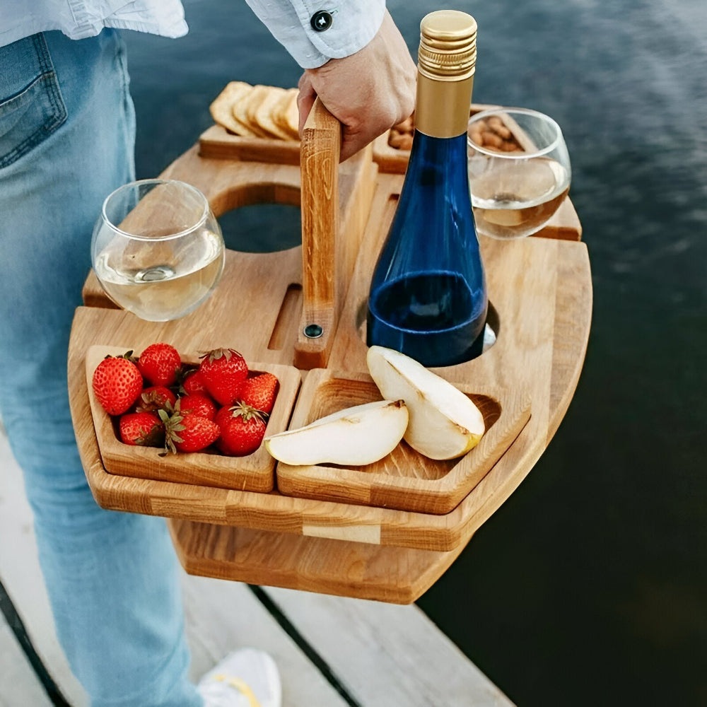 Foldable Wooden Picnic Table Portable Wine Holder Outdoor Serving Tray Stand