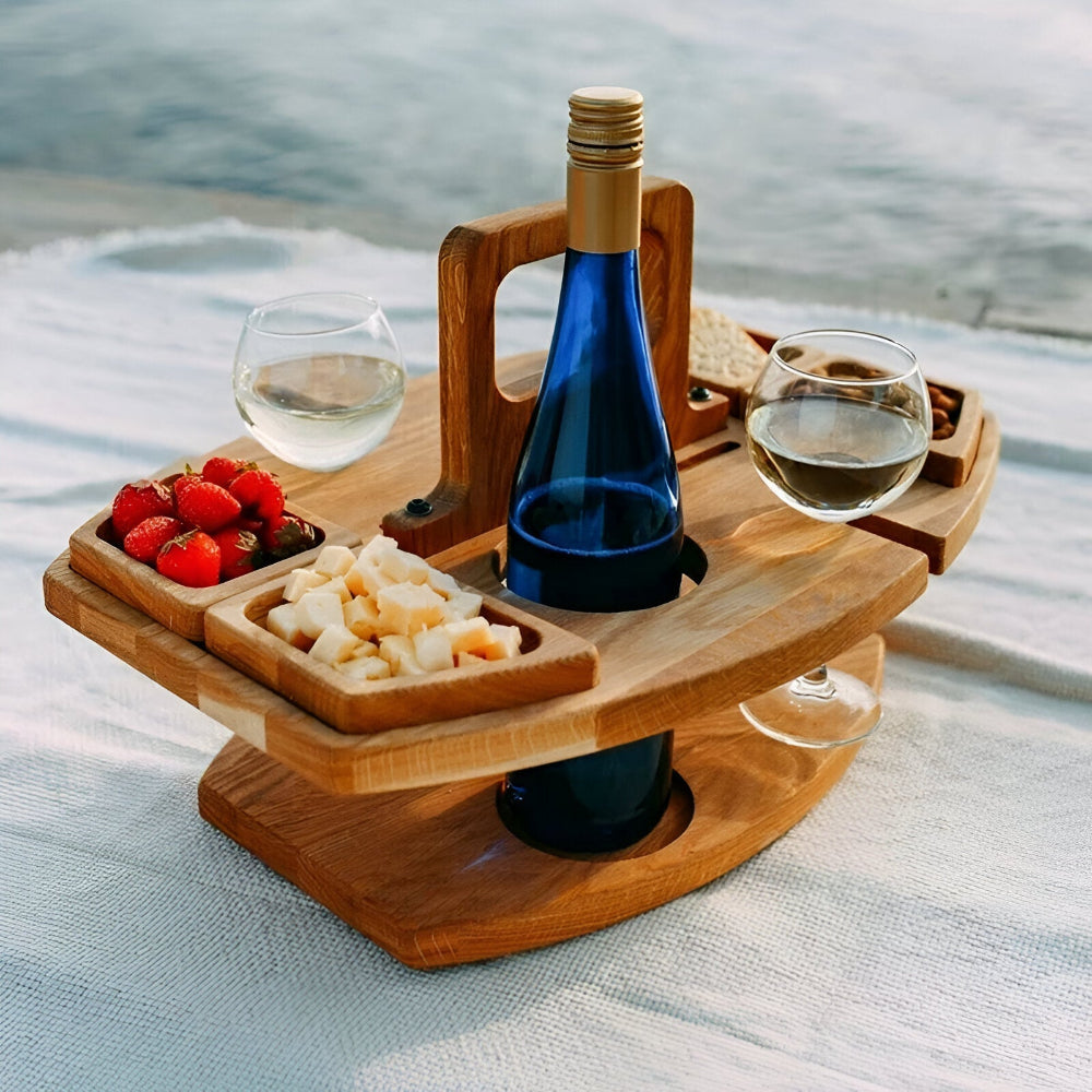 Foldable Wooden Picnic Table Portable Wine Holder Outdoor Serving Tray Stand