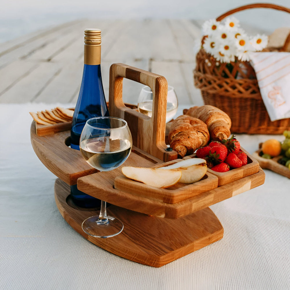 Foldable Wooden Picnic Table Portable Wine Holder Outdoor Serving Tray Stand