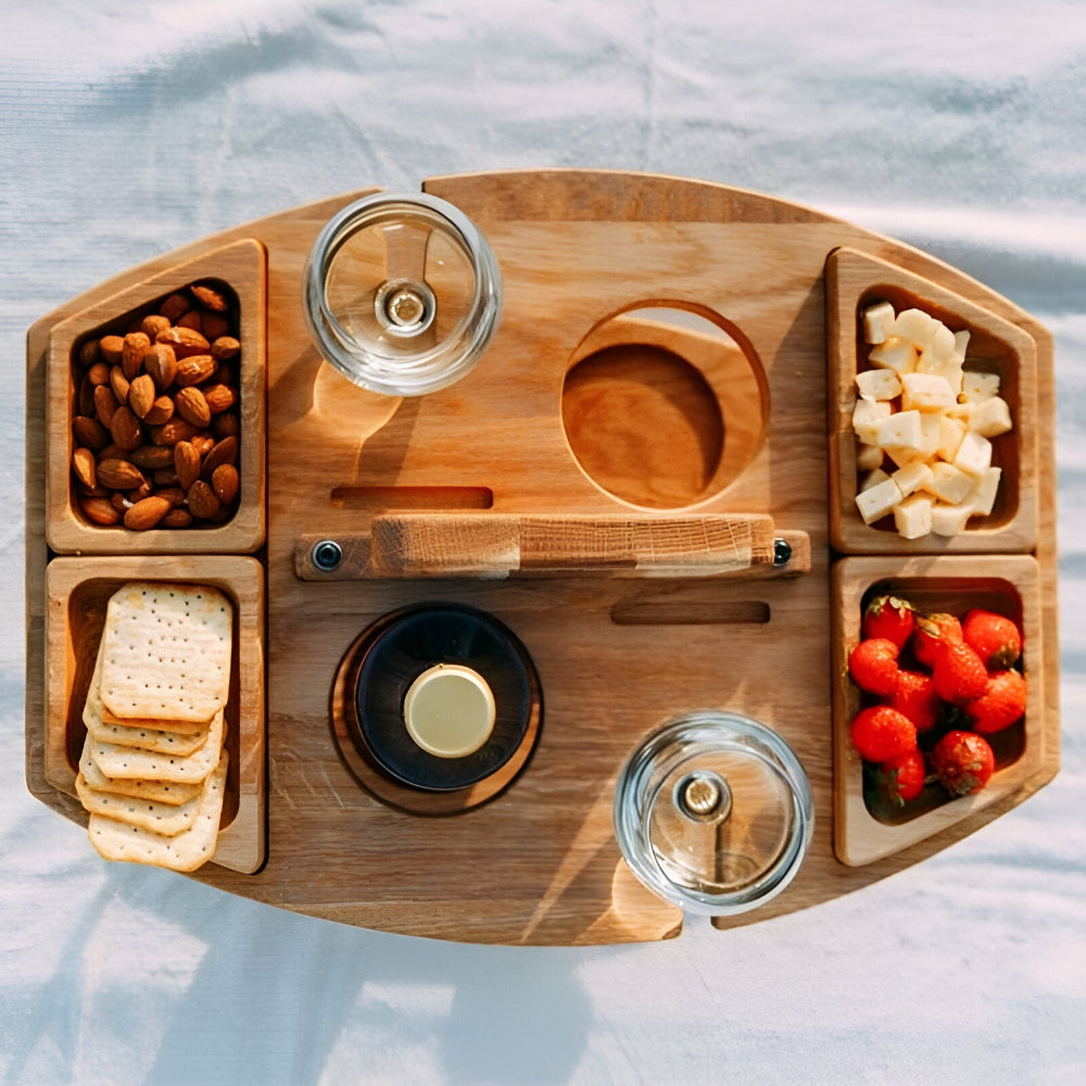 Foldable Wooden Picnic Table Portable Wine Holder Outdoor Serving Tray Stand