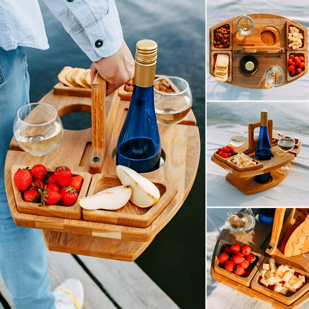 Foldable Wooden Picnic Table Portable Wine Holder Outdoor Serving Tray Stand
