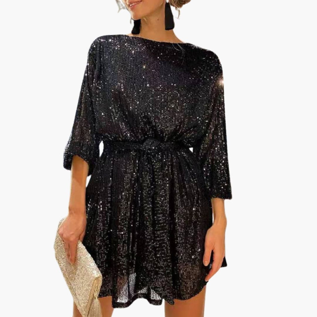Women's Rhinestone Cocktail Dress | Belted Christmas Party Dress for Formal Evening Events and Festive Holiday Occasions