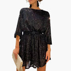 Women's Rhinestone Cocktail Dress | Belted Christmas Party Dress for Formal Evening Events and Festive Holiday Occasions