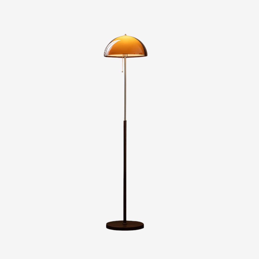 Amber Glass Floor Lamp – Retro Style With Walnut Wood And Metal Base
