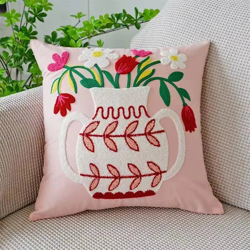 Embroidered Cushion Cover Cotton Polyester Canvas | Floral Pattern Twill Weave | Hidden Zipper for Seamless Home Styling