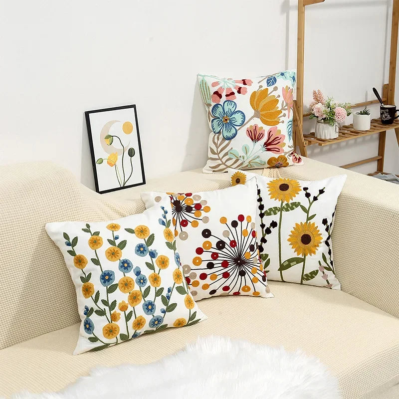 Embroidered Cushion Cover Cotton Polyester Canvas | Floral Pattern Twill Weave | Hidden Zipper for Seamless Home Styling