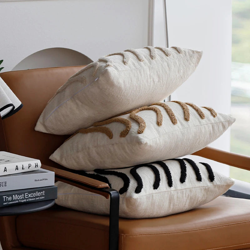 Boho Chenille Decorative Pillow with Soft Geometric Lines for Sofa and Living Room
