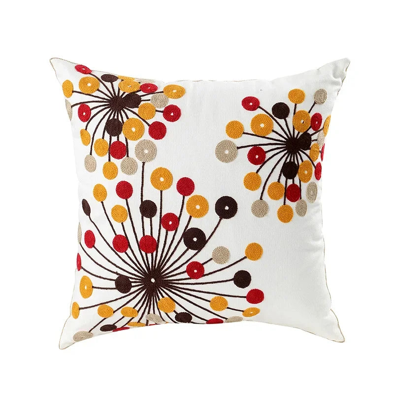 Embroidered Cushion Cover Cotton Polyester Canvas | Floral Pattern Twill Weave | Hidden Zipper for Seamless Home Styling
