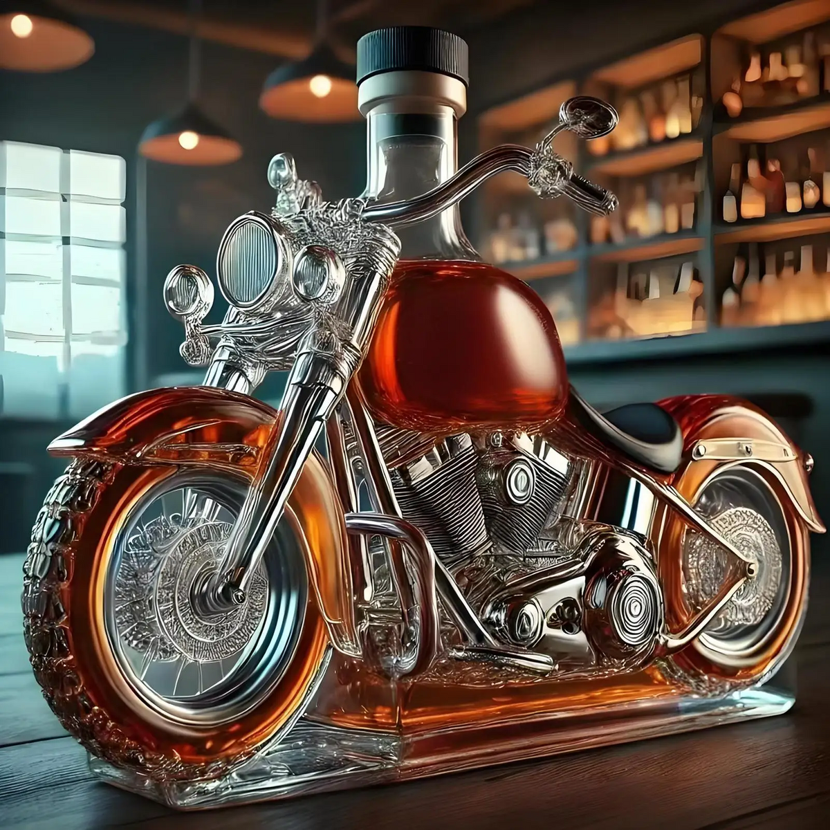 Whiskey Decanter Glass Motorcycle Shape | Motorbike Themed Bar Centerpiece | Spirit Storage and Conversation Starter